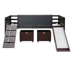 English Elm Twin Loft Bed Solid Pine Frame with Slide Chalkboard Panels and Rolling Storage Boxes WF299308AAP