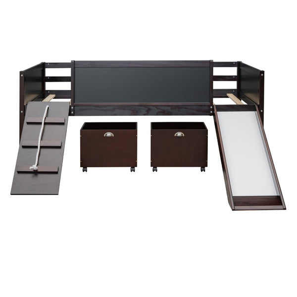 English Elm Twin Loft Bed Solid Pine Frame with Slide Chalkboard Panels and Rolling Storage Boxes WF299308AAP
