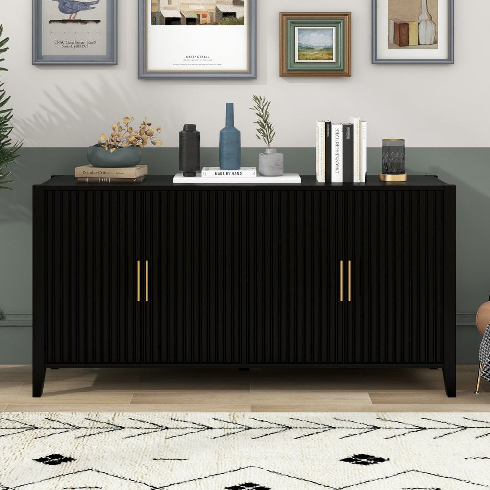 English Elm U_style 63 Inch Wavy Slatted Sideboard with Pine Legs and Gold Handles for Modern Homes N711P333611B