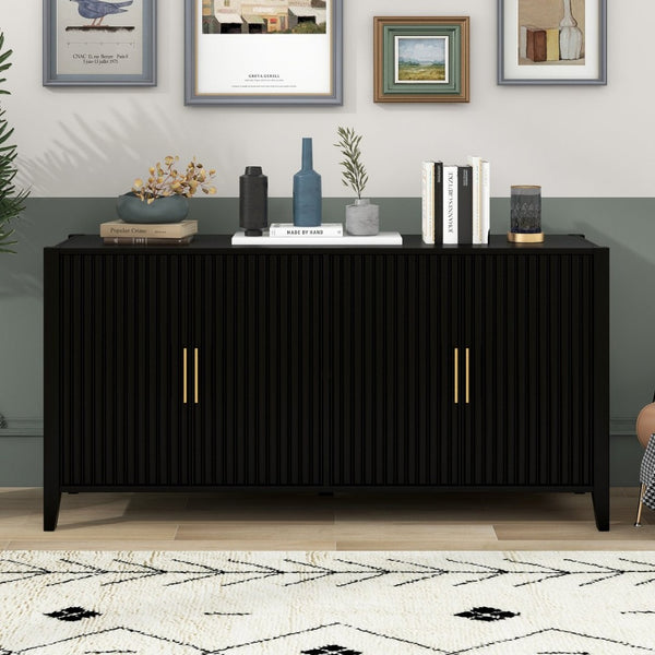 English Elm U_style 63 Inch Wavy Slatted Sideboard with Pine Legs and Gold Handles for Modern Homes N711P333611B
