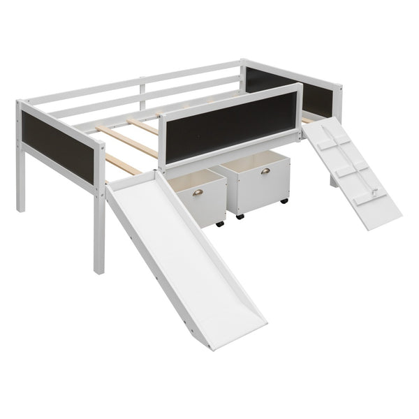 English Elm Twin Loft Bed Solid Pine Frame with Slide Chalkboard Panels and Rolling Storage Boxes WF299308AAK