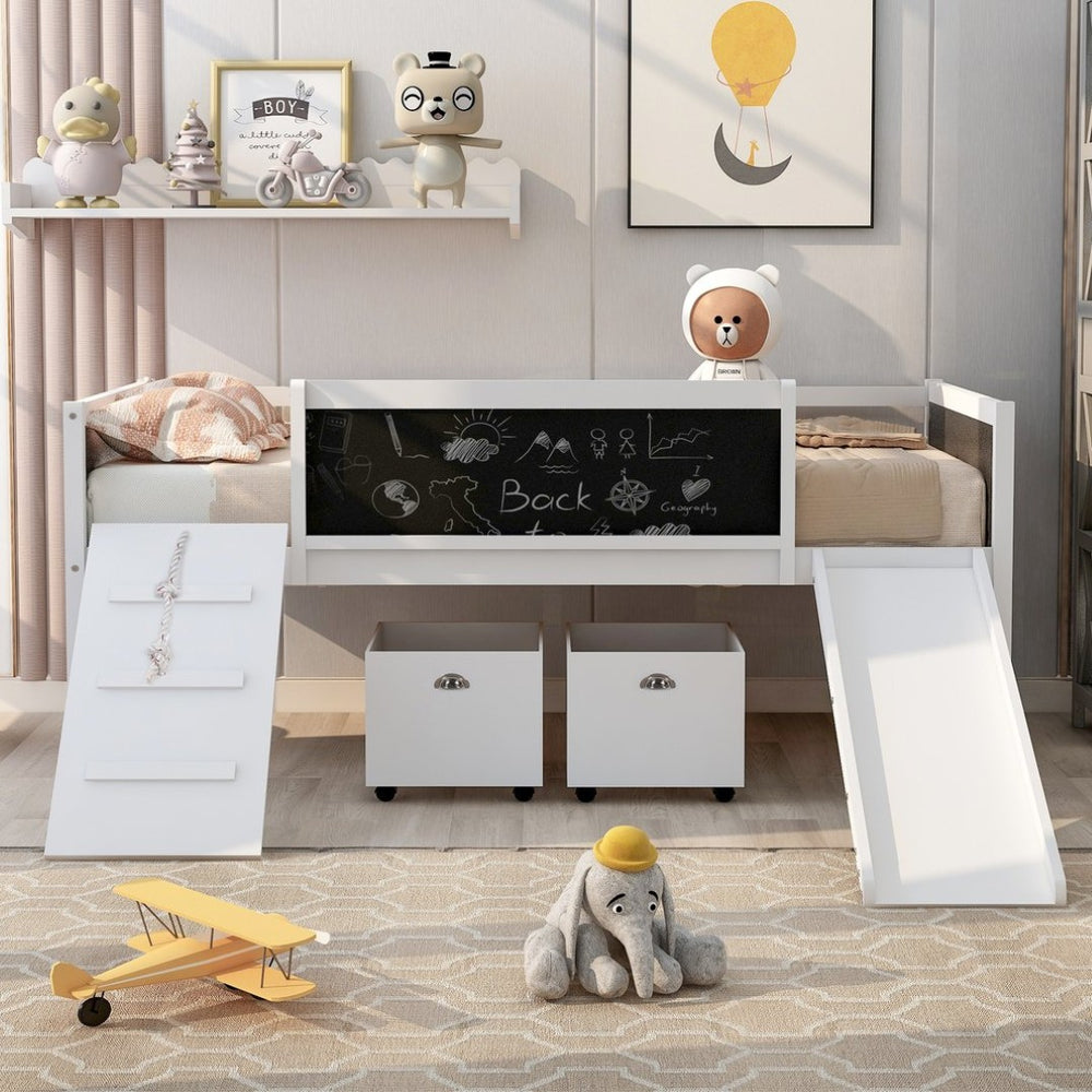 English Elm Twin Loft Bed Solid Pine Frame with Slide Chalkboard Panels and Rolling Storage Boxes WF299308AAK