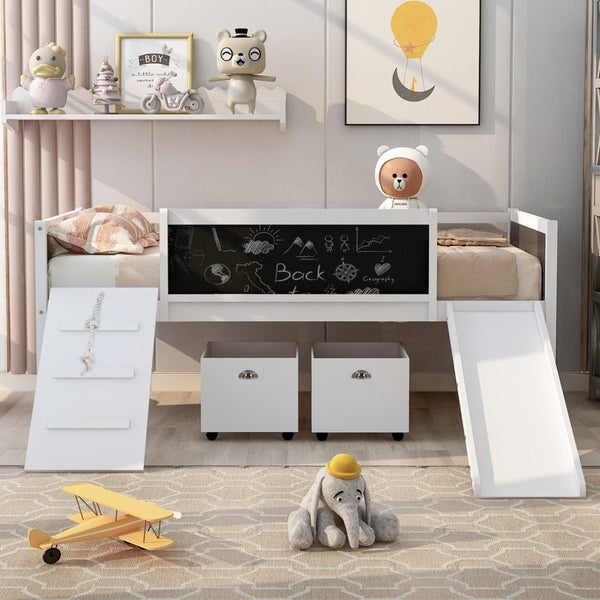 English Elm Twin Loft Bed Solid Pine Frame with Slide Chalkboard Panels and Rolling Storage Boxes WF299308AAK