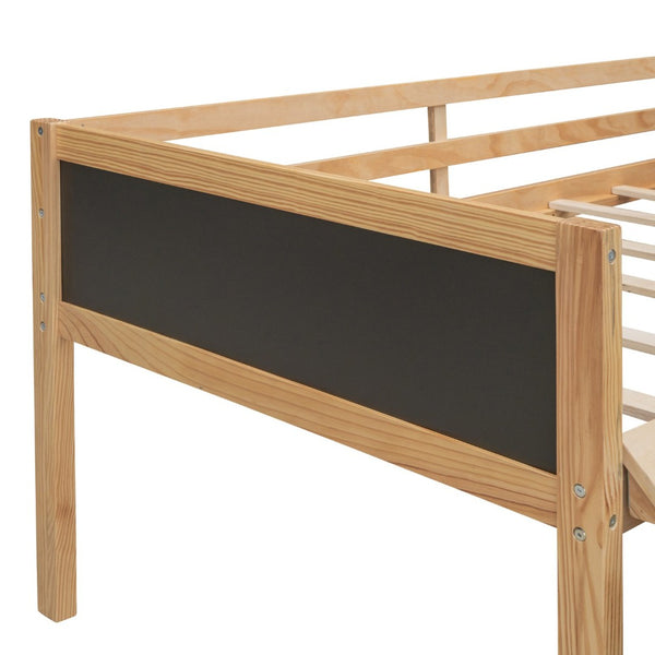 English Elm Twin Pine Loft Bed with Slide Climbing Rope Chalkboard and Rolling Storage Boxes WF299308AAM