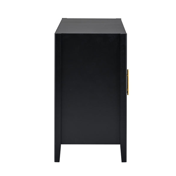 English Elm U_style 63 Inch Wavy Slatted Sideboard with Pine Legs and Gold Handles for Modern Homes N711P333611B
