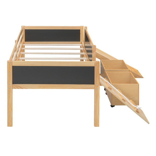 English Elm Twin Pine Loft Bed with Slide Climbing Rope Chalkboard and Rolling Storage Boxes WF299308AAM