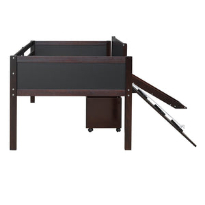 English Elm Twin Loft Bed Solid Pine Frame with Slide Chalkboard Panels and Rolling Storage Boxes WF299308AAP