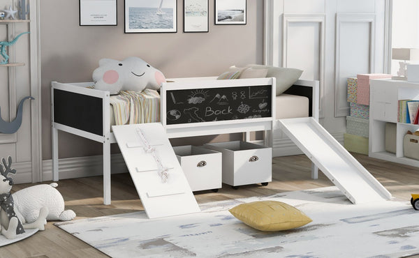 English Elm Twin Loft Bed Solid Pine Frame with Slide Chalkboard Panels and Rolling Storage Boxes WF299308AAK