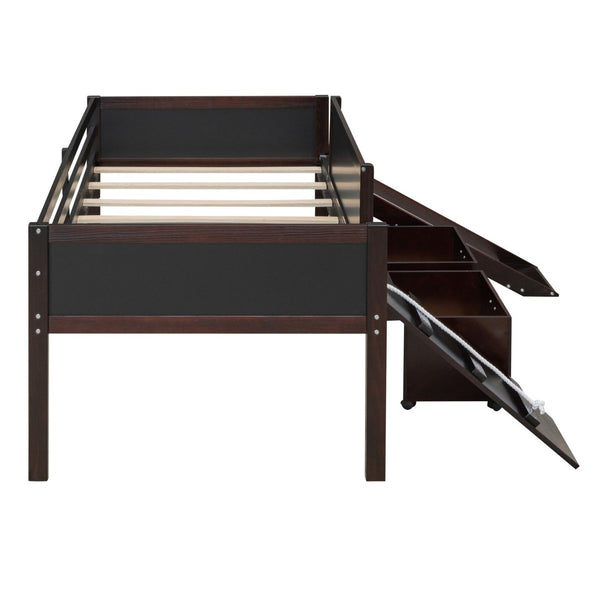 English Elm Twin Loft Bed Solid Pine Frame with Slide Chalkboard Panels and Rolling Storage Boxes WF299308AAP