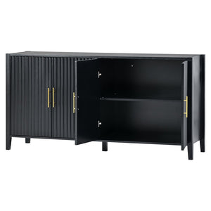 English Elm U_style 63 Inch Wavy Slatted Sideboard with Pine Legs and Gold Handles for Modern Homes N711P333611B