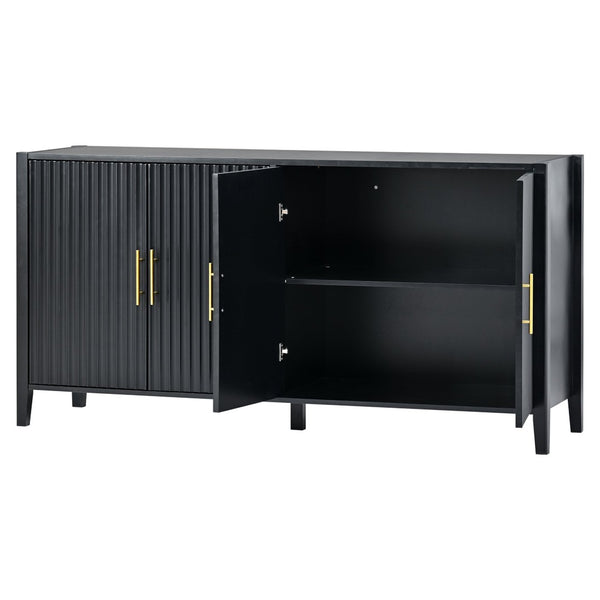 English Elm U_style 63 Inch Wavy Slatted Sideboard with Pine Legs and Gold Handles for Modern Homes N711P333611B
