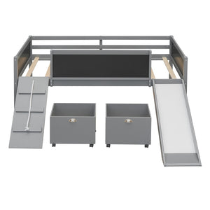 English Elm Twin Pine Wood Loft Bed with Slide Chalkboard Panels and Rolling Storage Boxes WF299308AAE