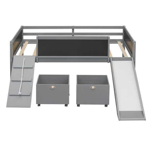 English Elm Twin Pine Wood Loft Bed with Slide Chalkboard Panels and Rolling Storage Boxes WF299308AAE