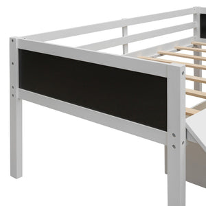 English Elm Twin Loft Bed Solid Pine Frame with Slide Chalkboard Panels and Rolling Storage Boxes WF299308AAK