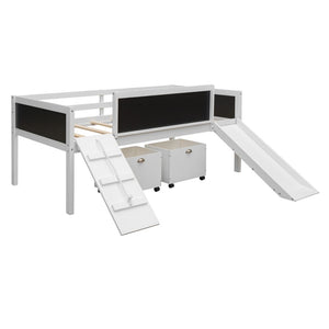 English Elm Twin Loft Bed Solid Pine Frame with Slide Chalkboard Panels and Rolling Storage Boxes WF299308AAK