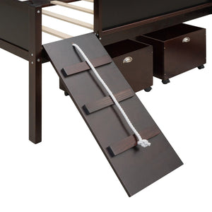English Elm Twin Loft Bed Solid Pine Frame with Slide Chalkboard Panels and Rolling Storage Boxes WF299308AAP