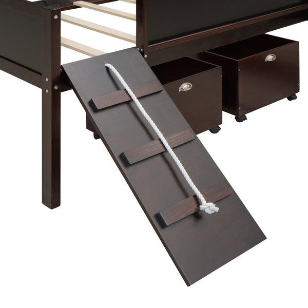 English Elm Twin Loft Bed Solid Pine Frame with Slide Chalkboard Panels and Rolling Storage Boxes WF299308AAP