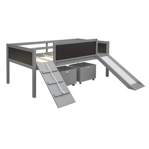 English Elm Twin Pine Wood Loft Bed with Slide Chalkboard Panels and Rolling Storage Boxes WF299308AAE