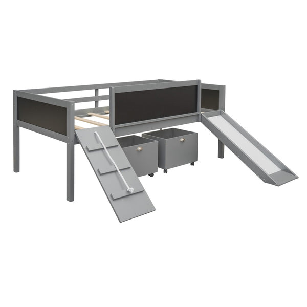 English Elm Twin Pine Wood Loft Bed with Slide Chalkboard Panels and Rolling Storage Boxes WF299308AAE