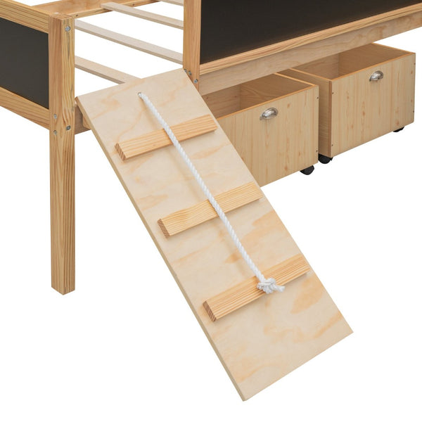 English Elm Twin Pine Loft Bed with Slide Climbing Rope Chalkboard and Rolling Storage Boxes WF299308AAM
