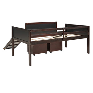English Elm Twin Loft Bed Solid Pine Frame with Slide Chalkboard Panels and Rolling Storage Boxes WF299308AAP