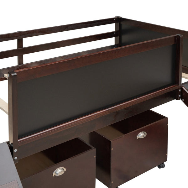 English Elm Twin Loft Bed Solid Pine Frame with Slide Chalkboard Panels and Rolling Storage Boxes WF299308AAP