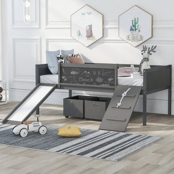 English Elm Twin Pine Wood Loft Bed with Slide Chalkboard Panels and Rolling Storage Boxes WF299308AAE