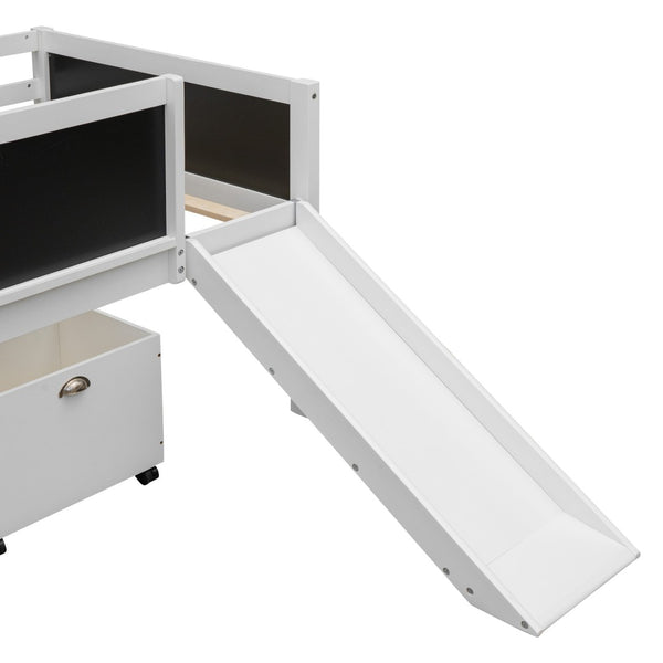 English Elm Twin Loft Bed Solid Pine Frame with Slide Chalkboard Panels and Rolling Storage Boxes WF299308AAK