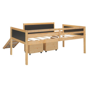 English Elm Twin Pine Loft Bed with Slide Climbing Rope Chalkboard and Rolling Storage Boxes WF299308AAM
