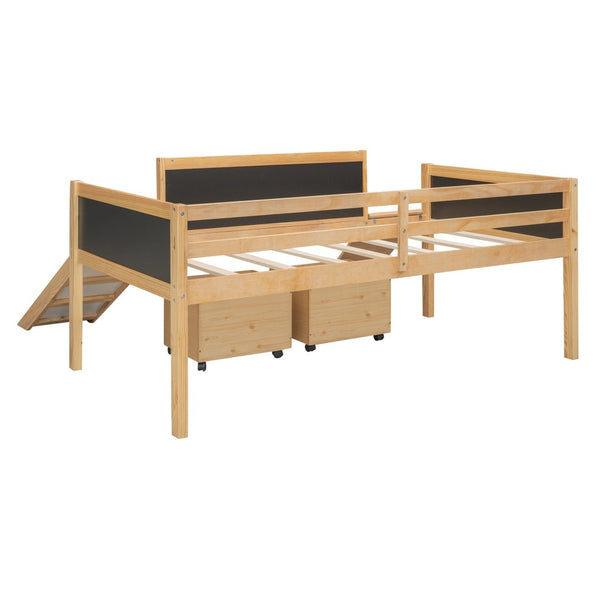 English Elm Twin Pine Loft Bed with Slide Climbing Rope Chalkboard and Rolling Storage Boxes WF299308AAM