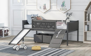 English Elm Twin Pine Wood Loft Bed with Slide Chalkboard Panels and Rolling Storage Boxes WF299308AAE