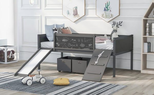 English Elm Twin Pine Wood Loft Bed with Slide Chalkboard Panels and Rolling Storage Boxes WF299308AAE