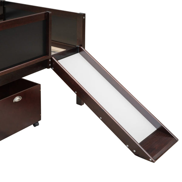 English Elm Twin Loft Bed Solid Pine Frame with Slide Chalkboard Panels and Rolling Storage Boxes WF299308AAP