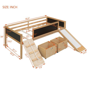 English Elm Twin Pine Loft Bed with Slide Climbing Rope Chalkboard and Rolling Storage Boxes WF299308AAM