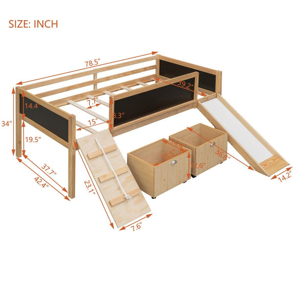 English Elm Twin Pine Loft Bed with Slide Climbing Rope Chalkboard and Rolling Storage Boxes WF299308AAM