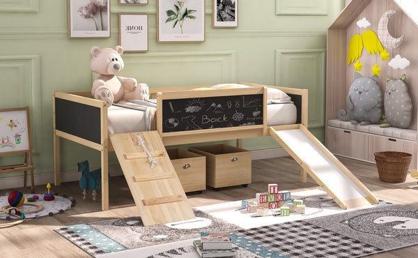 English Elm Twin Pine Loft Bed with Slide Climbing Rope Chalkboard and Rolling Storage Boxes WF299308AAM