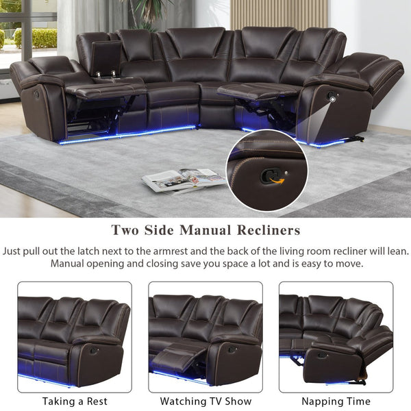 English Elm Modern Pu Leather Reclining Sectional Sofa with Led Base and Console for Living Room SG000730AAD