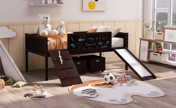 English Elm Twin Loft Bed Solid Pine Frame with Slide Chalkboard Panels and Rolling Storage Boxes WF299308AAP