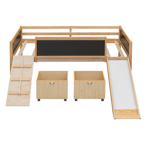 English Elm Twin Pine Loft Bed with Slide Climbing Rope Chalkboard and Rolling Storage Boxes WF299308AAM
