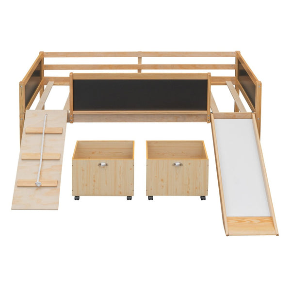 English Elm Twin Pine Loft Bed with Slide Climbing Rope Chalkboard and Rolling Storage Boxes WF299308AAM