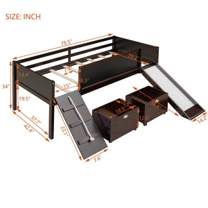 English Elm Twin Loft Bed Solid Pine Frame with Slide Chalkboard Panels and Rolling Storage Boxes WF299308AAP