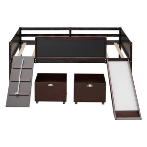English Elm Twin Loft Bed Solid Pine Frame with Slide Chalkboard Panels and Rolling Storage Boxes WF299308AAP