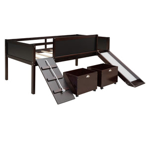 English Elm Twin Loft Bed Solid Pine Frame with Slide Chalkboard Panels and Rolling Storage Boxes WF299308AAP