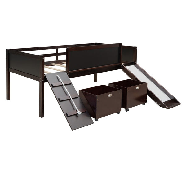English Elm Twin Loft Bed Solid Pine Frame with Slide Chalkboard Panels and Rolling Storage Boxes WF299308AAP