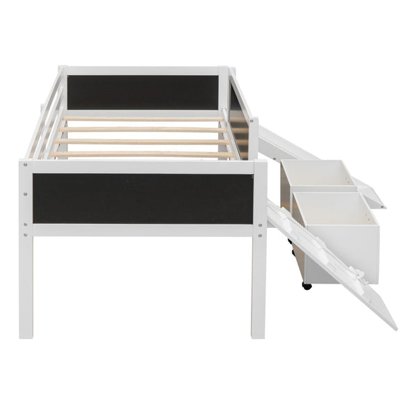 English Elm Twin Loft Bed Solid Pine Frame with Slide Chalkboard Panels and Rolling Storage Boxes WF299308AAK