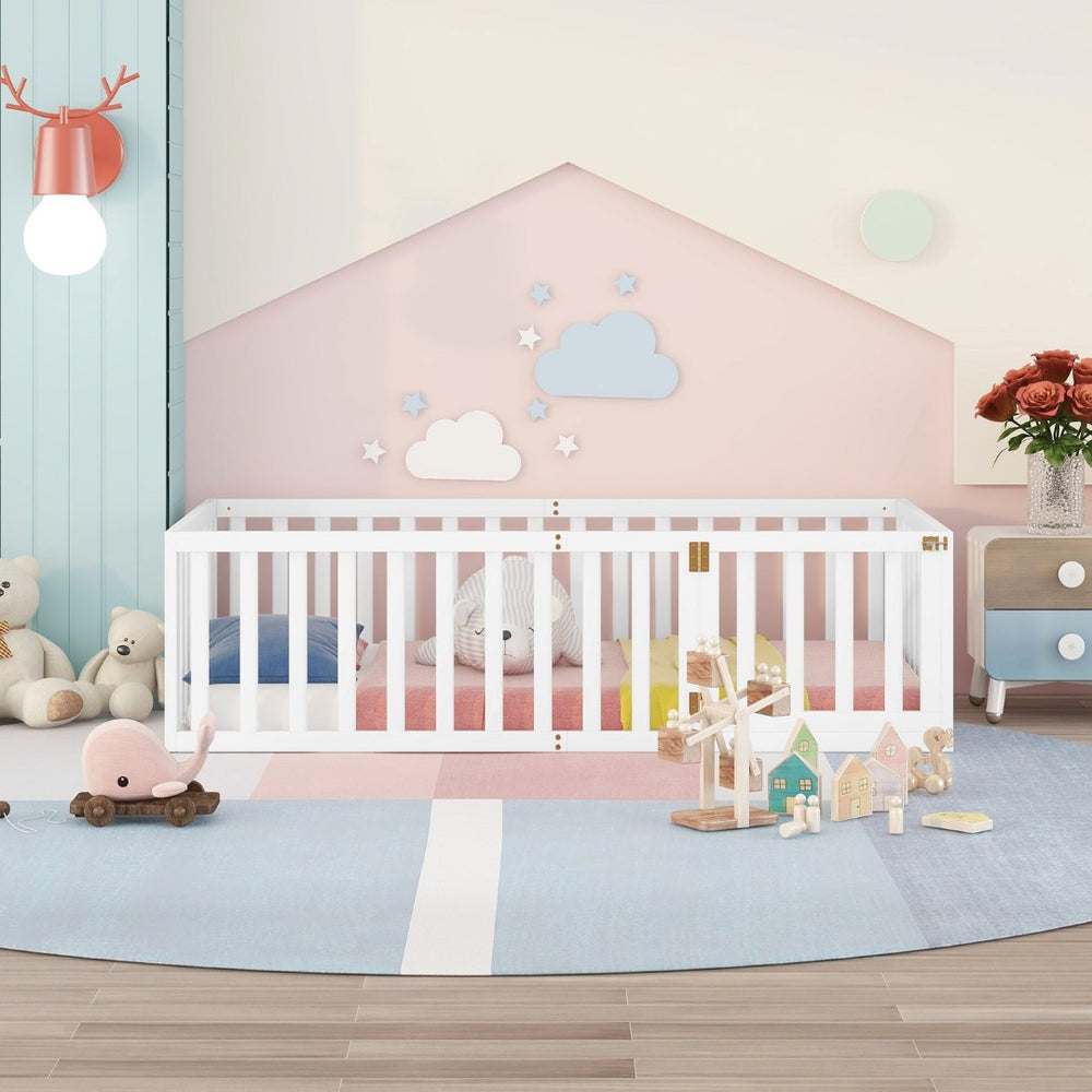 English Elm Twin Floor Bed Frame Pinewood Fence Enclosure with Door for Kids Bedroom Walnut White WF299299AAK