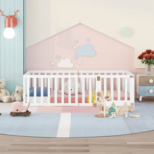 English Elm Twin Floor Bed Frame Pinewood Fence Enclosure with Door for Kids Bedroom Walnut White WF299299AAK