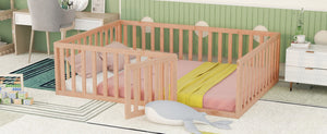 English Elm Full Size Pine Wood Floor Bed with Safety Fence Door Montessori Kids Bedroom Frame Natural WF299302AAM