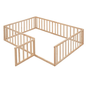 English Elm Full Size Pine Wood Floor Bed with Safety Fence Door Montessori Kids Bedroom Frame Natural WF299302AAM