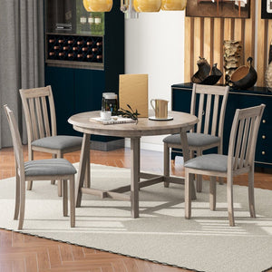 English Elm Trexm Extendable Round Dining Set Rubberwood Legs Upholstered Chairs Modern Farmhouse Natural Wood Wash ST000038AAD